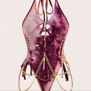 Purple Rave Tie-Dye Halter Bodysuit with Gold Chains